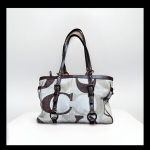 Coach Signature Brown and Cream Shoulder Bag with Leather Accents